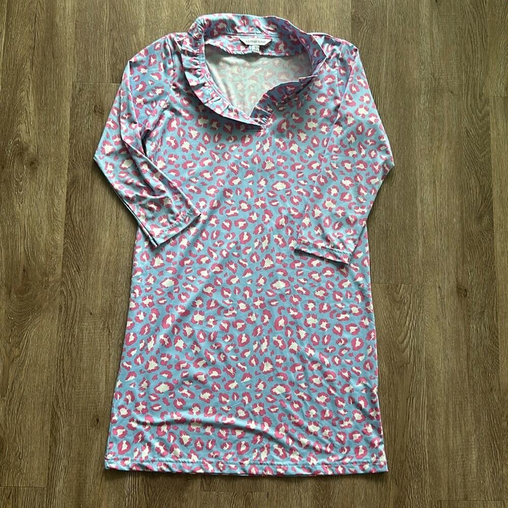 La Mer Luxe Leopard Dress Blue & Pink Size Small Ruffle Collar V-Neck